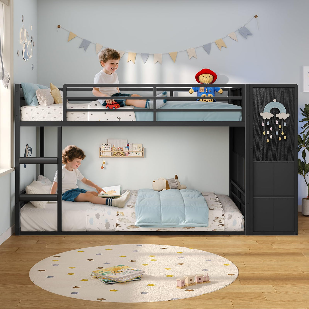 BTHFST Twin Over Twin Bunk Bed with Storage Drawers & Open Storage Shleves with LED Lights, Metal Black Low Bunk Bed Safety Ladder and 13.4" H Guardrail, Space Saving BTHFST
