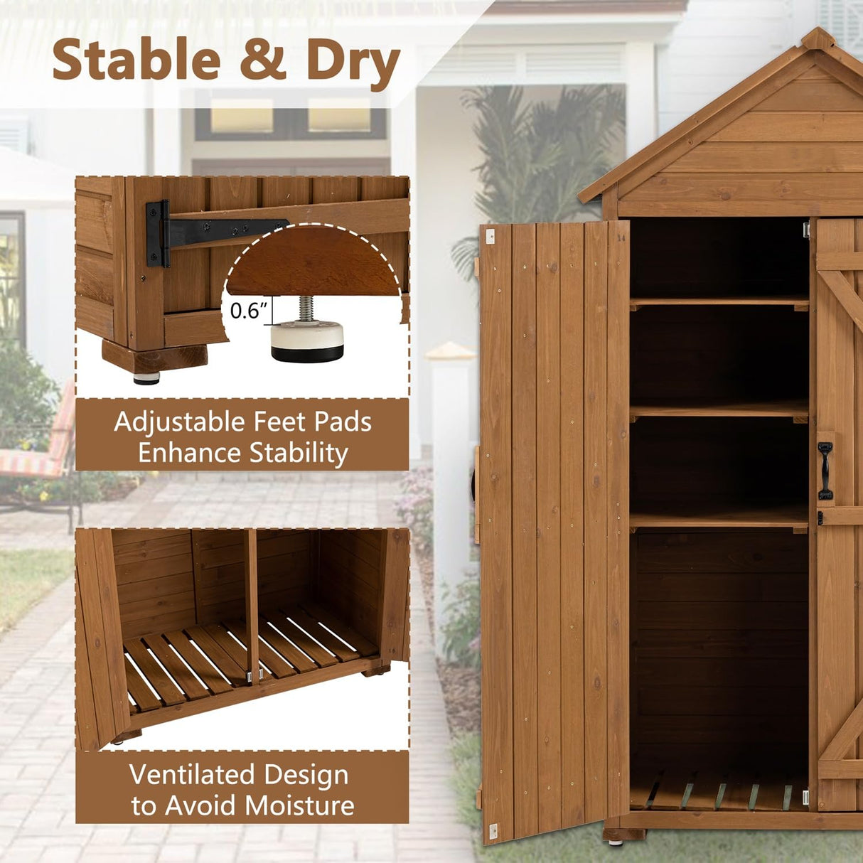 Outdoor Wooden Storage Cabinet, Garden Wood Tool Shed, Outside Wooden Shed Closet with 3 Detachable Shelves, Waterproof Roof, and Latch for Yard Patio Lawn Deck (Natural) (Natural) Mulinsonfly