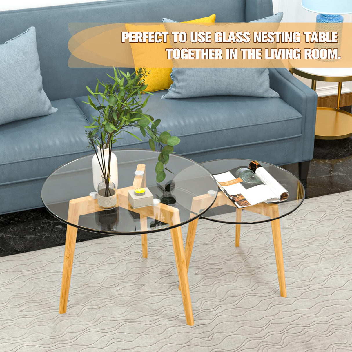 Bambloom Glass Coffee Table, Round Clear Nesting Tables Set of 2, Transparent Modern Accent Living Room Side Table End for Home Office Apartment Sofa, Easy Assembly Bambloom