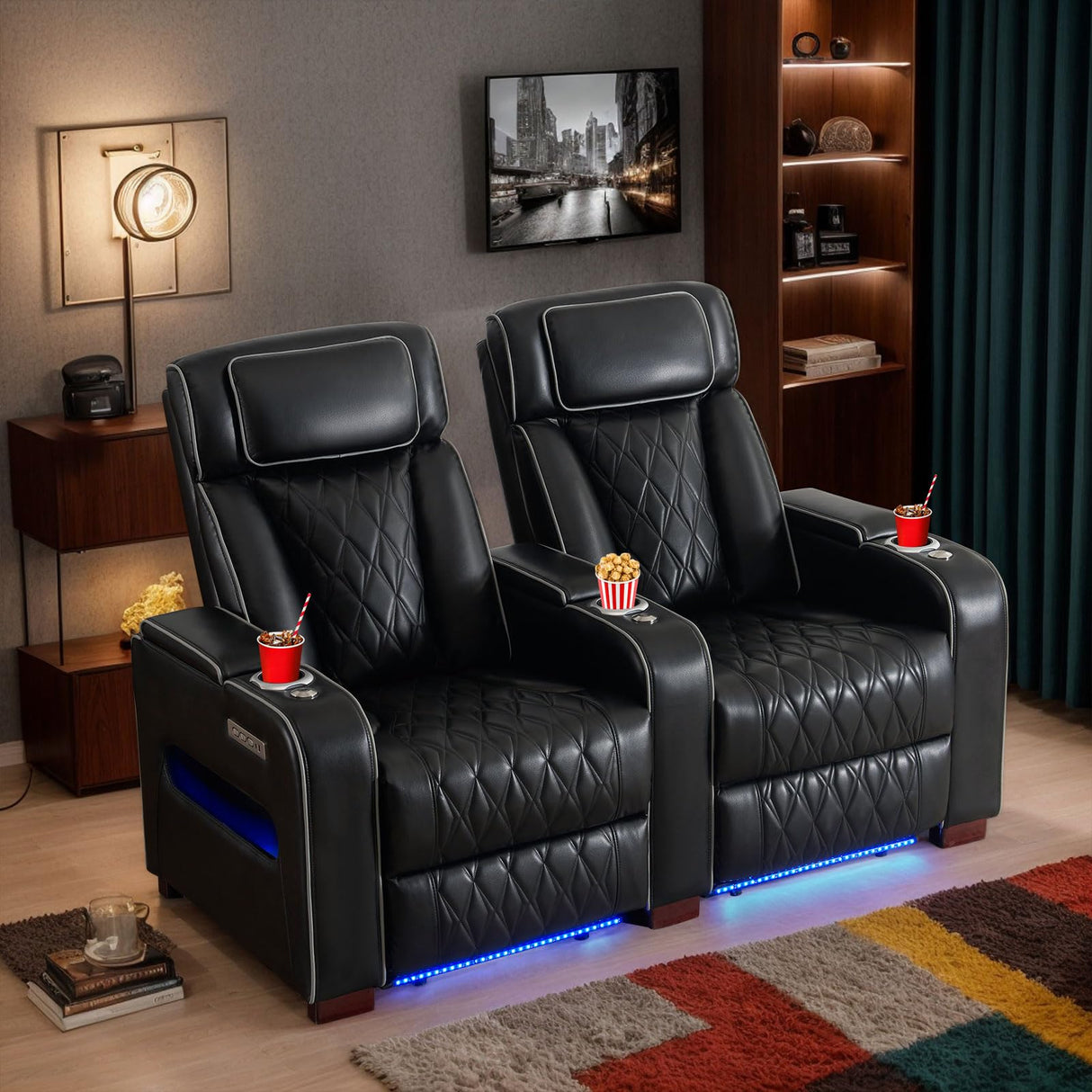 CALIVIA Luxury Home Theater Seating – Power Recliner with Adjustable Headrests, Blue LED Ambient Lighting, Tray Table, USB & Type-C Charging (Black,2 Seat) CALIVIA
