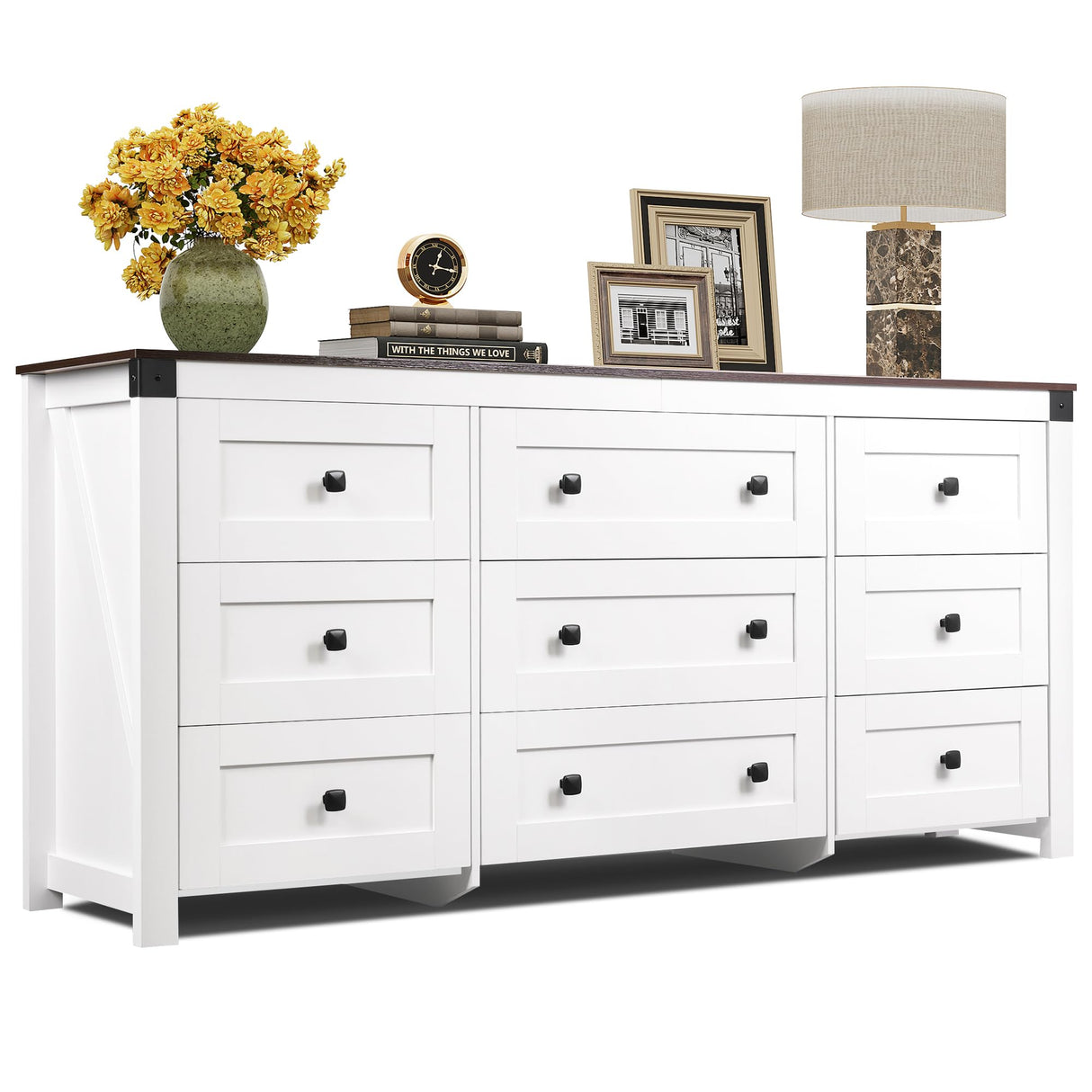 WLIVE Farmhouse Dresser for Bedroom, 63" Wide 9 Drawer Dresser Storage Organizer, Wood Chest of Drawers for Bedroom, TV Stand for 70 inch TV, for Living Room, Hallway, Ball Bearing Slide (White) WLIVE