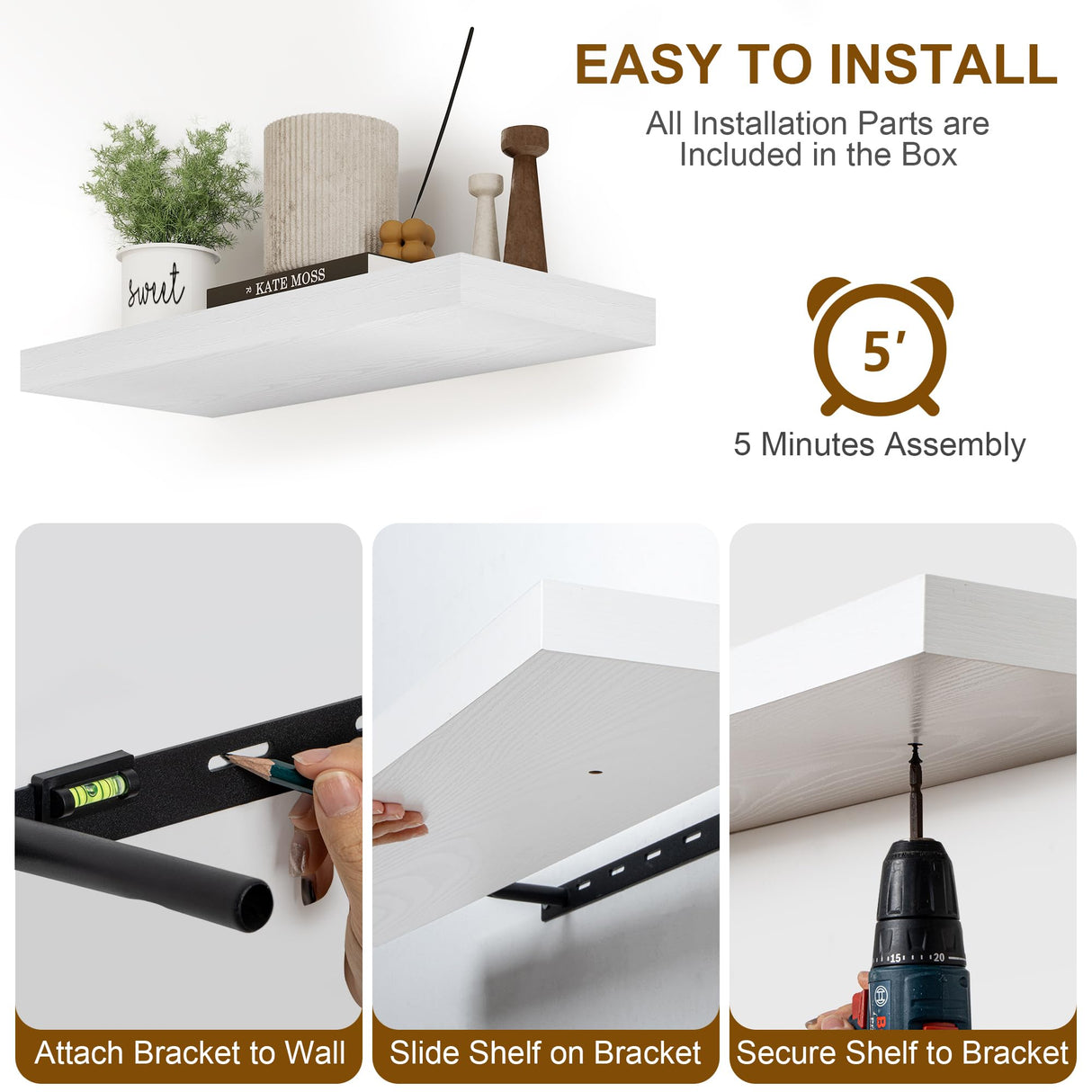 55 Inch Floating Shelf - Rustic Wood Shelves for Wall - 8 Inch Deep Floating Shelves - 55 Inch Fireplace Mantel Shelf - Wall Mounted Wooden Display Shelf- White - Set of 1 Fun Memories