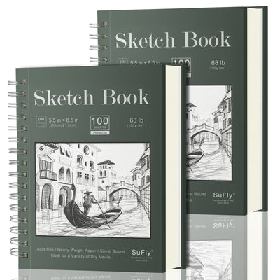 Sketch Book 5.5 X 8.5, Spiral Sketchbook Pack of 2, SuFly 200 Sheets (68 lb/100gsm) Acid Free Sketch Pads for Drawing for Adults Spiral Bound with Hard Cover for Kids & Adults, 100 Sheets Each