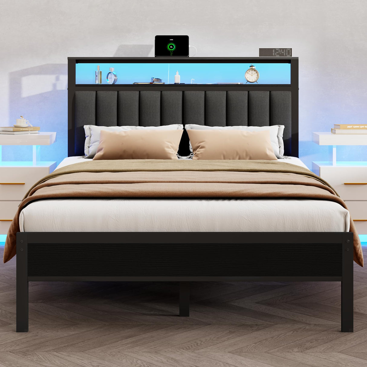 Furnulem Queen Size Bed Frame with Charging Station and LED Lights, Platform Bed with Metal Slats, Grey Upholstered Headboard with 2-Tier Storage Shelves, No Box Spring Needed Furnulem
