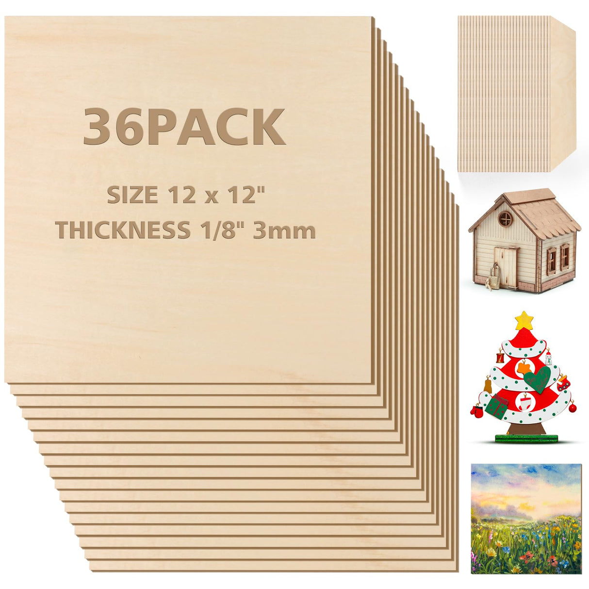 Adrattnay Basswood Sheets 1/8 x 12 x 12 inch - 3mm Basswood Sheets Plywood Sheets, 36Pcs Square Unfinished Wood Board for DIY Crafts, Laser Cutting, Wood Burning, Painting, Model Carving Adrattnay