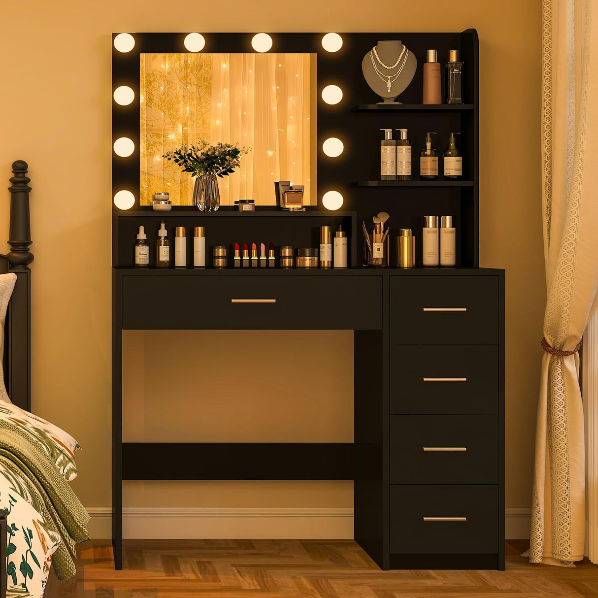 Quimoo Makeup Vanity Desk with Mirror & Lights, Vanity Desk with 5 Drawers & Storage Shelves, Vanity Table, 3 Color Modes & Adjustable Brightness Dressing Table, Bedroom Quimoo