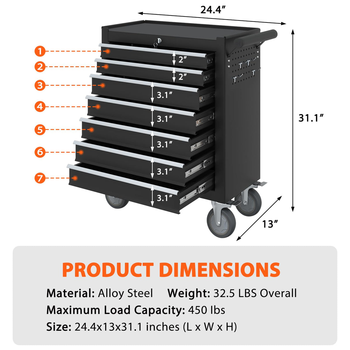 DYneeds 7-Drawer Rolling Tool Chest, Tool Box with Wheels and Drawers, High Capacity Detachable Mobile Tool Storage Cabinet for Workshop, Garage, Mechanics and Repair Room (Black) DYneeds