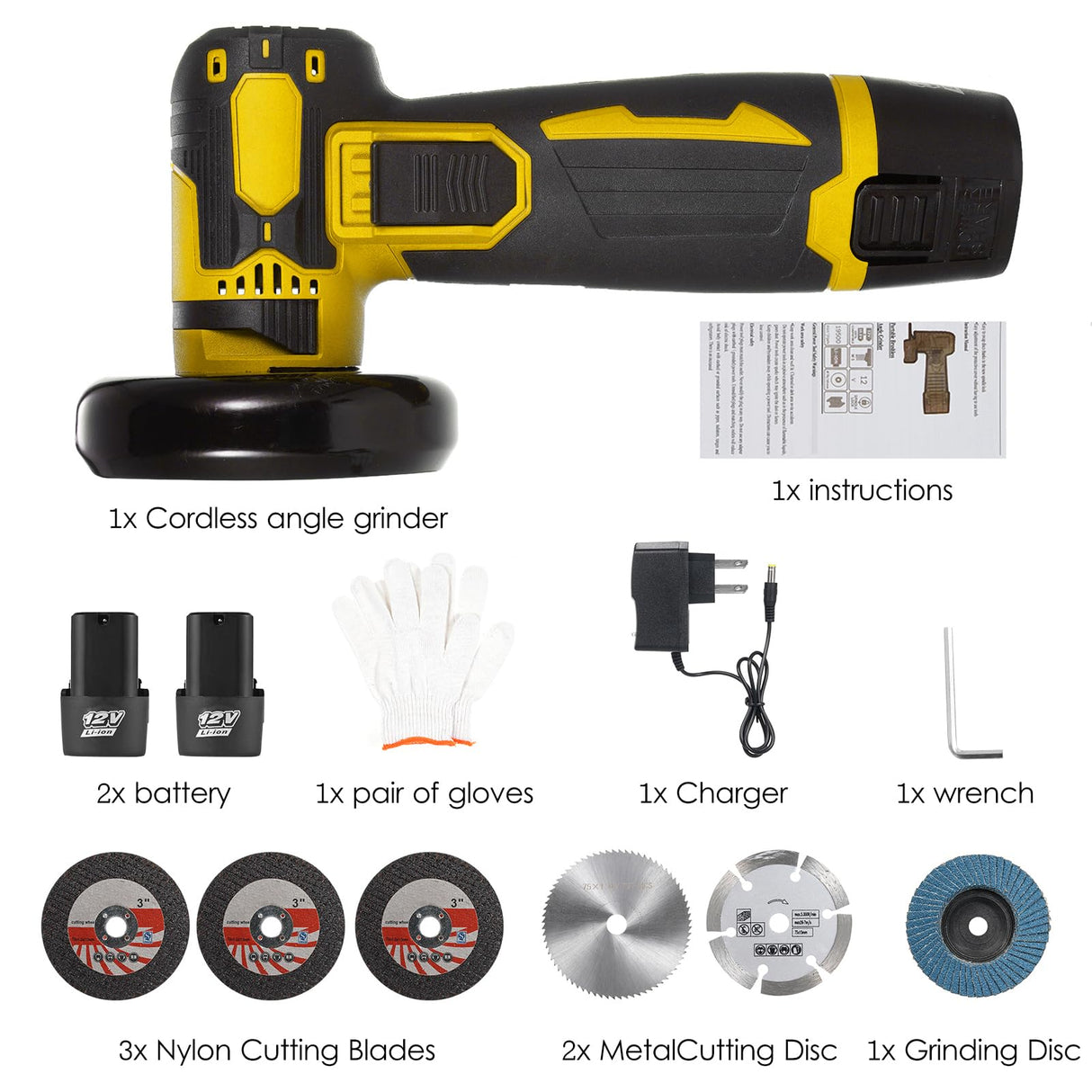 Aumotop Cordless Brushless Angle Grinder Kit, Grinding Disc 3in/76mm, 19500rpm Mini Lightweight Electric Grinding Tool Handheld Cutter with 2 PCS 12V1500mAh Batteries & 6PCS Cutting Discs Aumotop