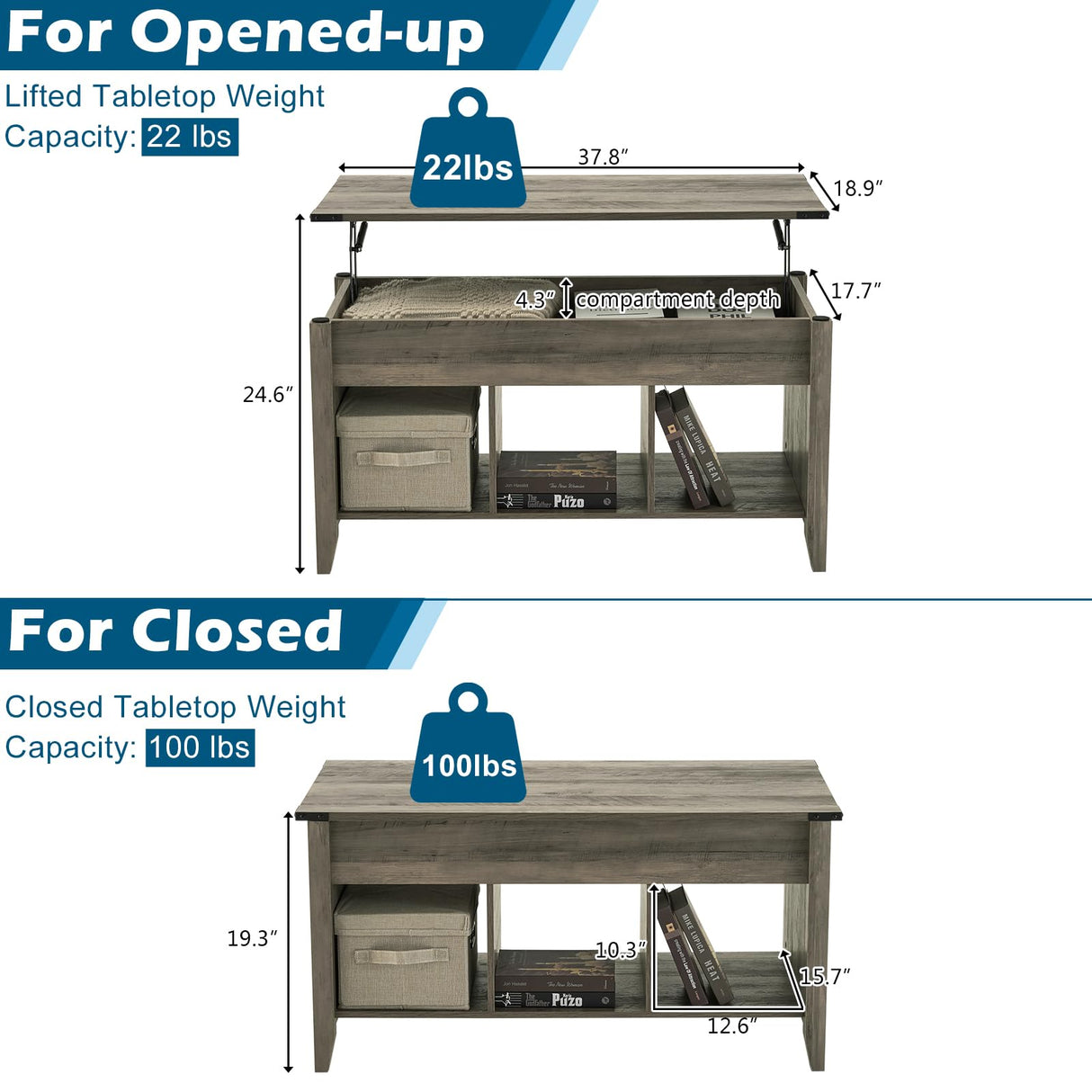 VINGLI Color Upgraded Farmhouse Lift Top Coffee Table, Rustic Grey Coffee Table with Lift Top, Lift Up Pop Up Coffee Table with Storage Shelf/Hidden Compartment, Coffee Table Mesa De Centro para Sala VINGLI