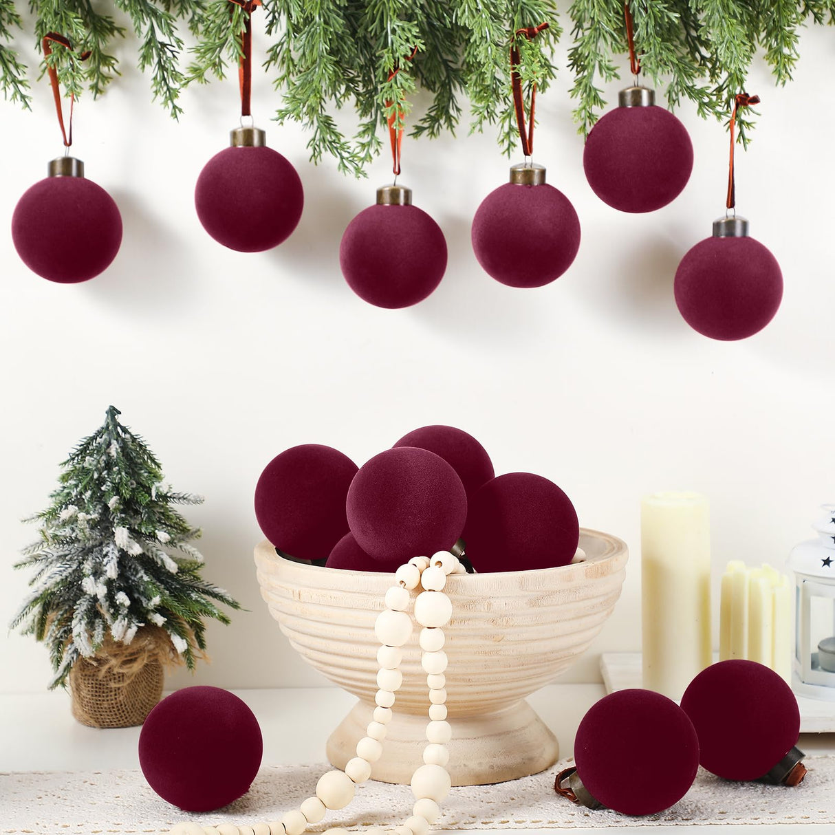 Liliful 15 Pcs Velvet Christmas Balls Bulk Flocked Christmas Tree Ball Ornaments Plastic Xmas Decorative Hanging Ornaments (Burgundy) Liliful