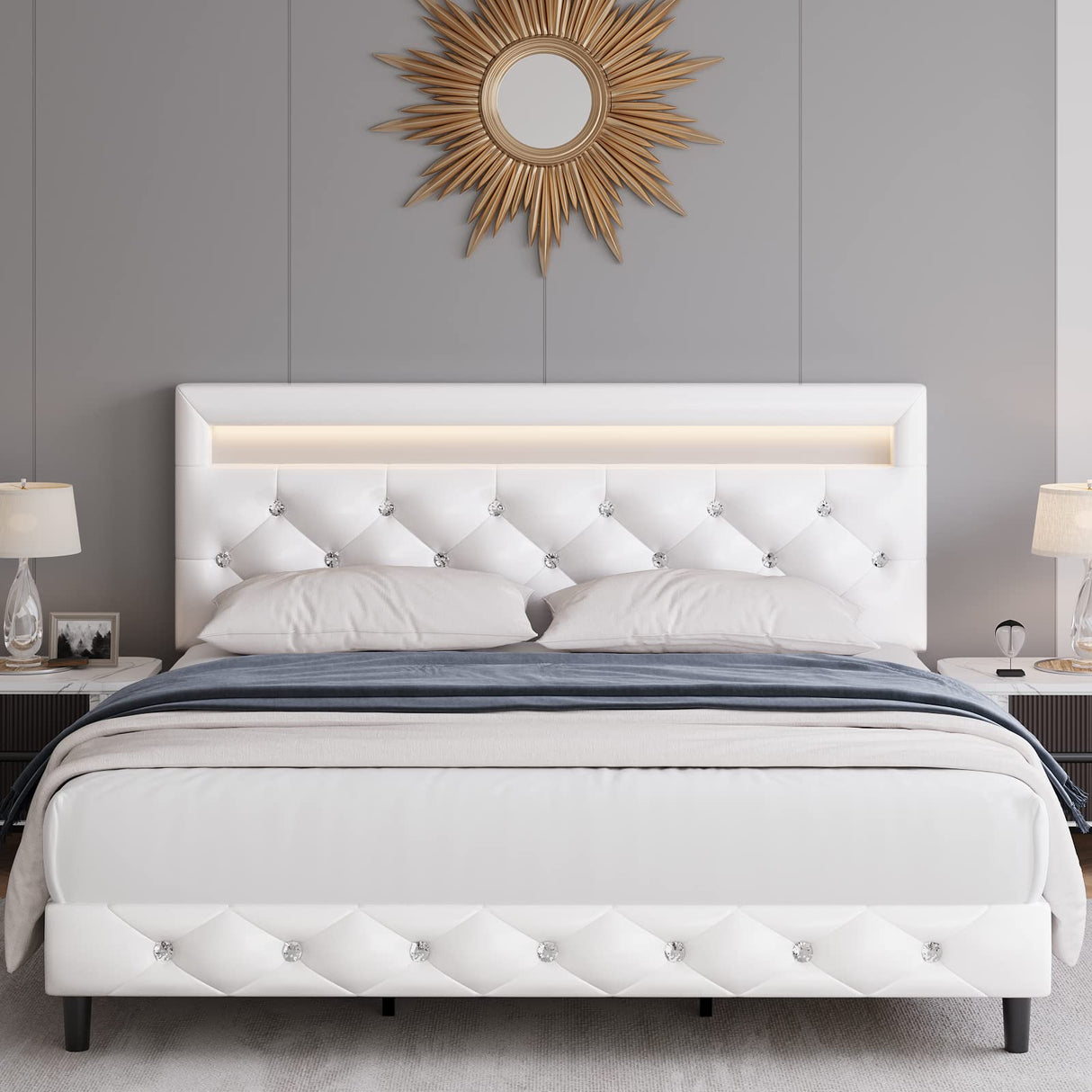 Keyluv Modern Upholstered Queen Bed Frame with LED Lights, Faux Leather Low Profile Platform Bed Frame, Adjustable Crystal Button Tufted Headboard, Strong Wood Slat Support, Easy Assembly, White Keyluv