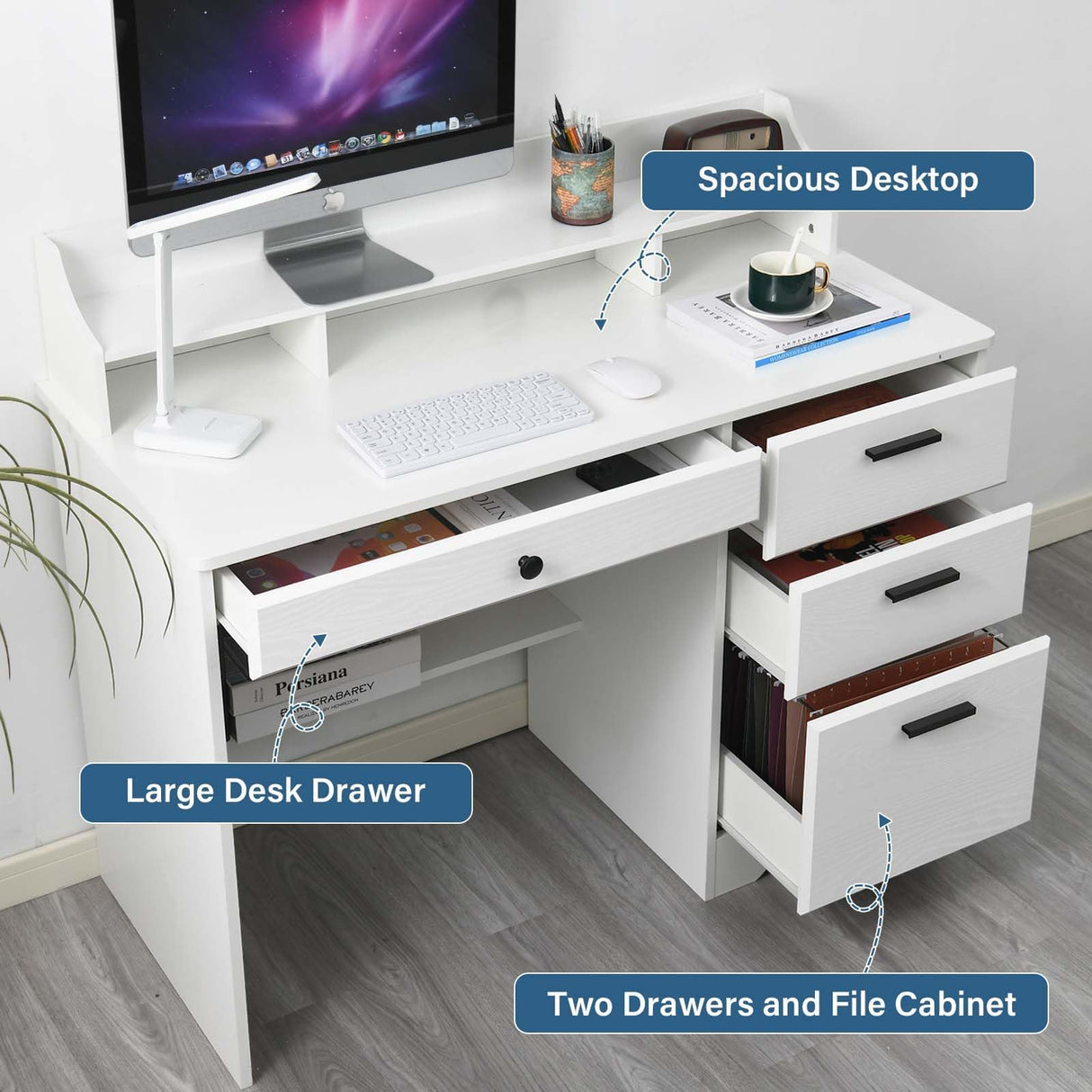 MaverickFurni White Desk with 4 Drawers, Computer Desk with Drawers and Hutch&Shelf, Wood Writing Home Office Workstation, Student Desks for Bedooms with Drawers, 38.2” H x20.5” D x44” W - White MaverickFurni