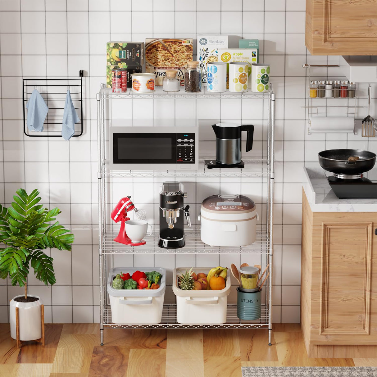 PayLessHere 4 Tier Shelving Unit 13.4" D×35" W×53.7" H Metal Shelving Standing Storage Shelf with 4 Steel Frame Adjustable Layer Racks Metal Commercial Shelf for Kitchen, Garage (Chrome) PayLessHere