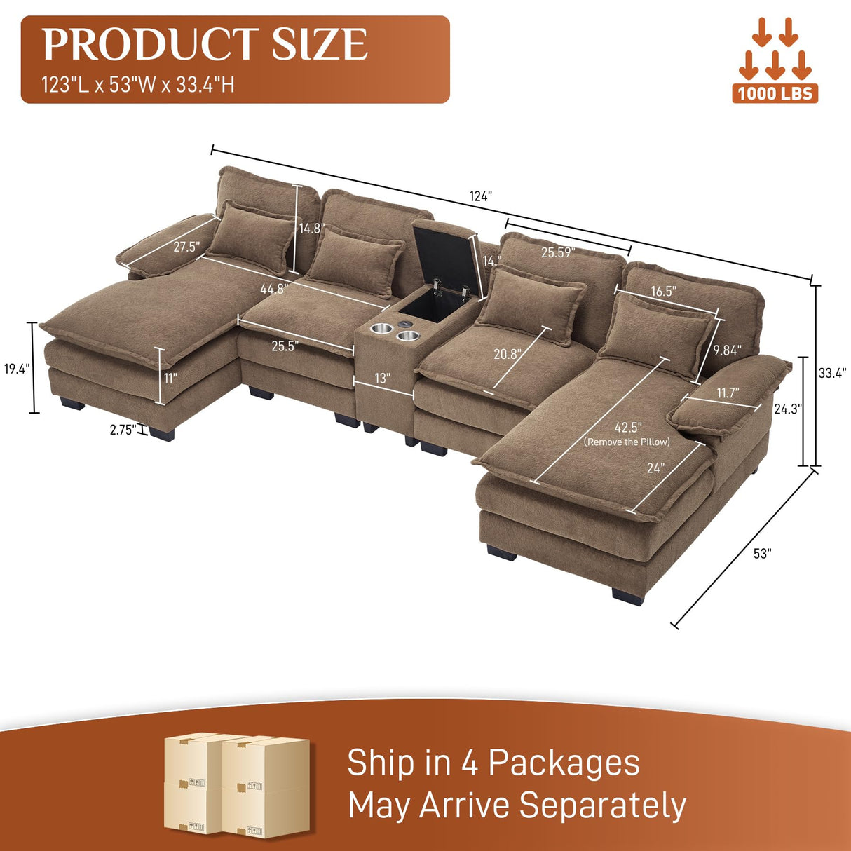OUYESSIR U Shaped Cloud Sectional Couch, 124" Fluffy Modular Sofa Set with Double Chaise Lounge Central Console & USB Port, Comfy Chenille Big Sectional Couches for Living Room, Brown OUYESSIR