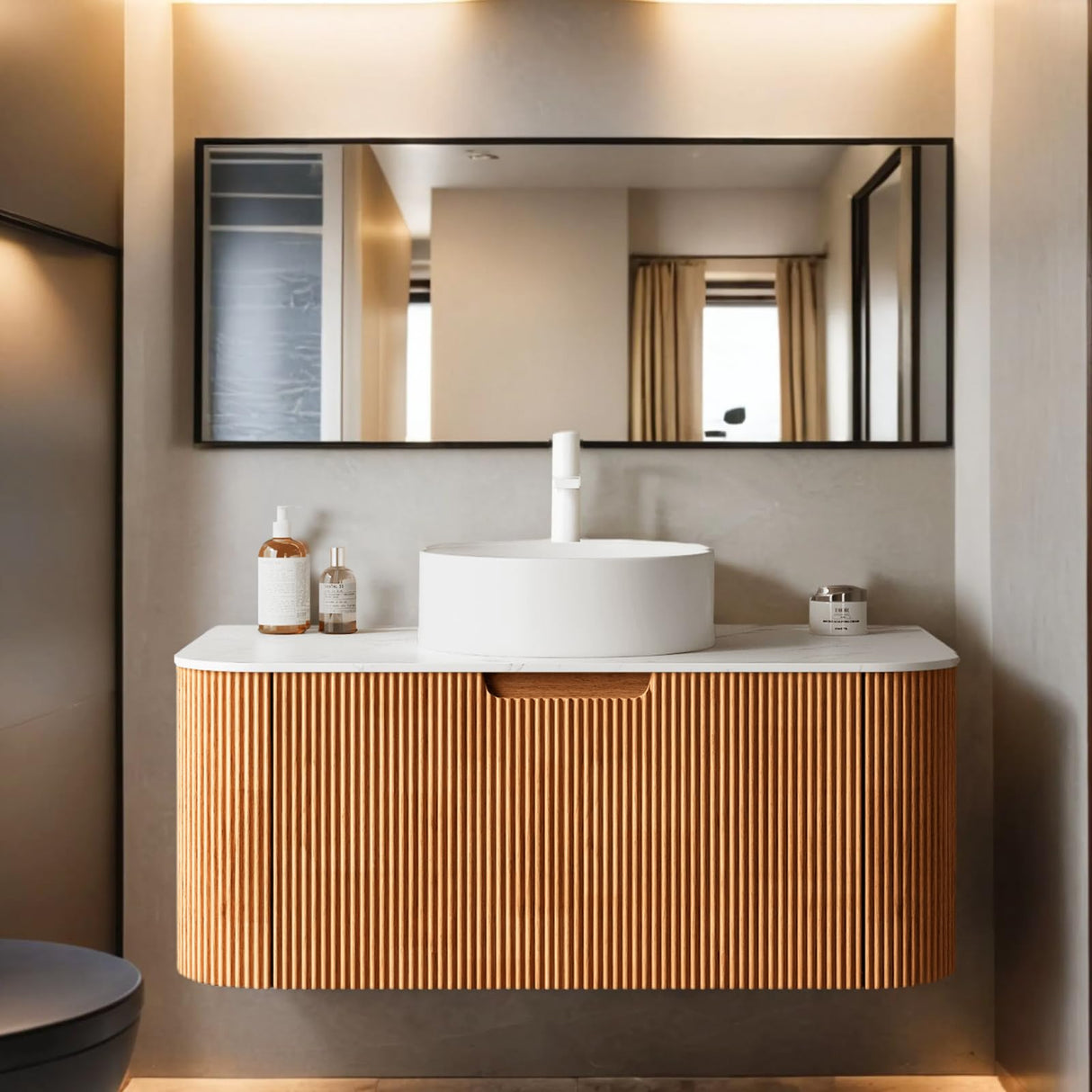 36 inch Bathroom Vanity with Sink, Floating Cabinet with Ultra-Thin Ceramic Basin and Marble Top, Large Storage Drawer, Soft-Close Design, Nature Wood AmbroVania