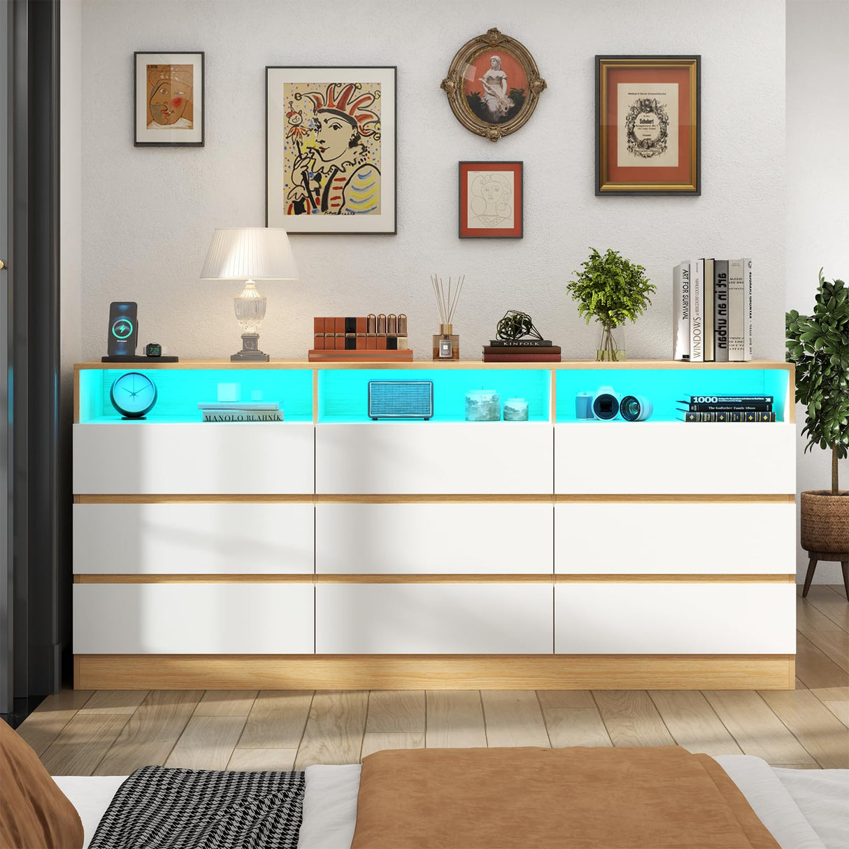 Loomie 9 Drawers Dresser, 63'' White Chests of Drawers with Power Outlet, Accent Large Double Dresser with LED Light, Modern Storage Dresser for Bedroom, Living Room (White&Light Walnut) Loomie