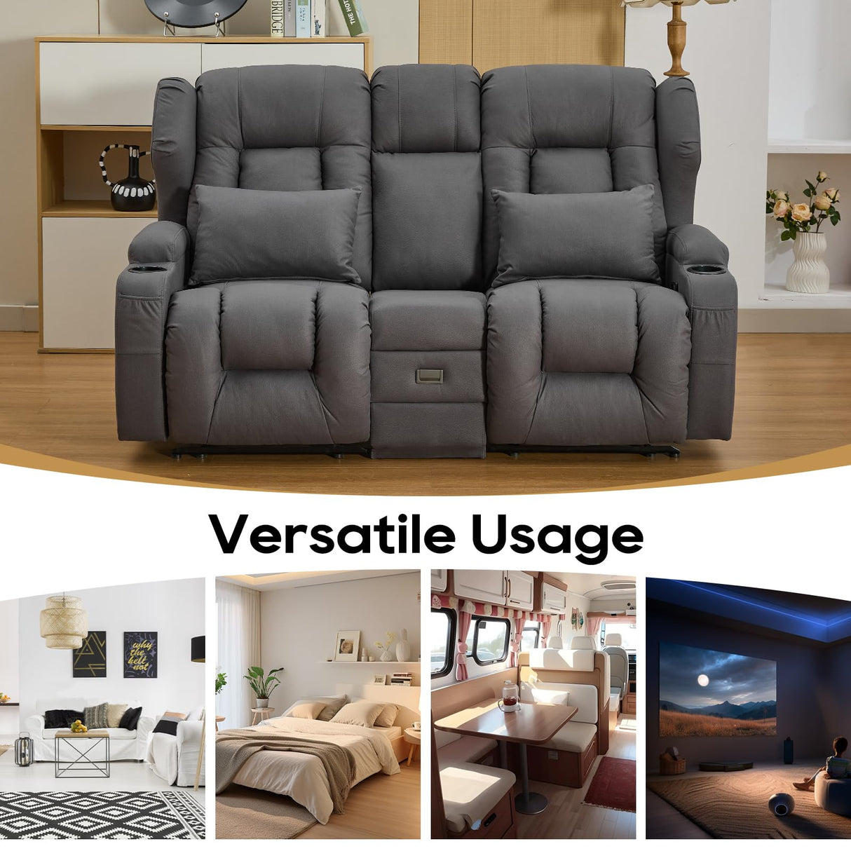 IPKIG 67" RV Loveseat Double Recliner Sofa with FILP Back Console, Storage Drawer, Side Pockets, Lychee Pattern Tech Fabric Manual Reclining Chair Home Theater Seating (Grey) IPKIG