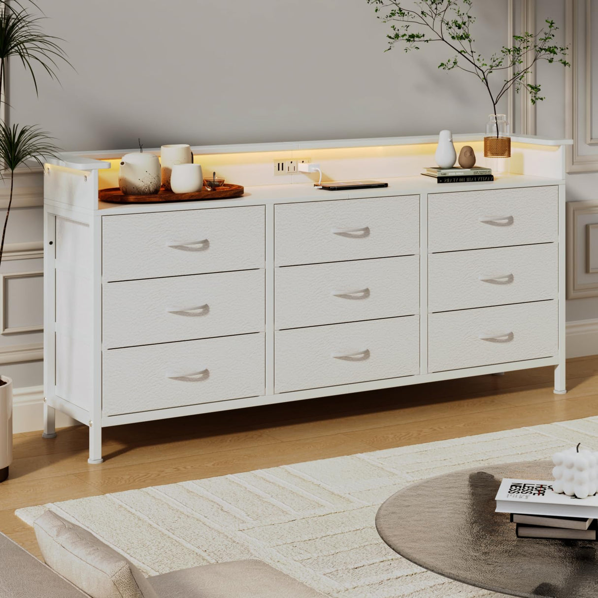 WODRAWER White Dresser for Bedroom with 9 Drawers, Long Dresser TV Stand with LED Lights & Charging Station, Fabric Chests of Drawers for Closet Entryway Living Room WODRAWER