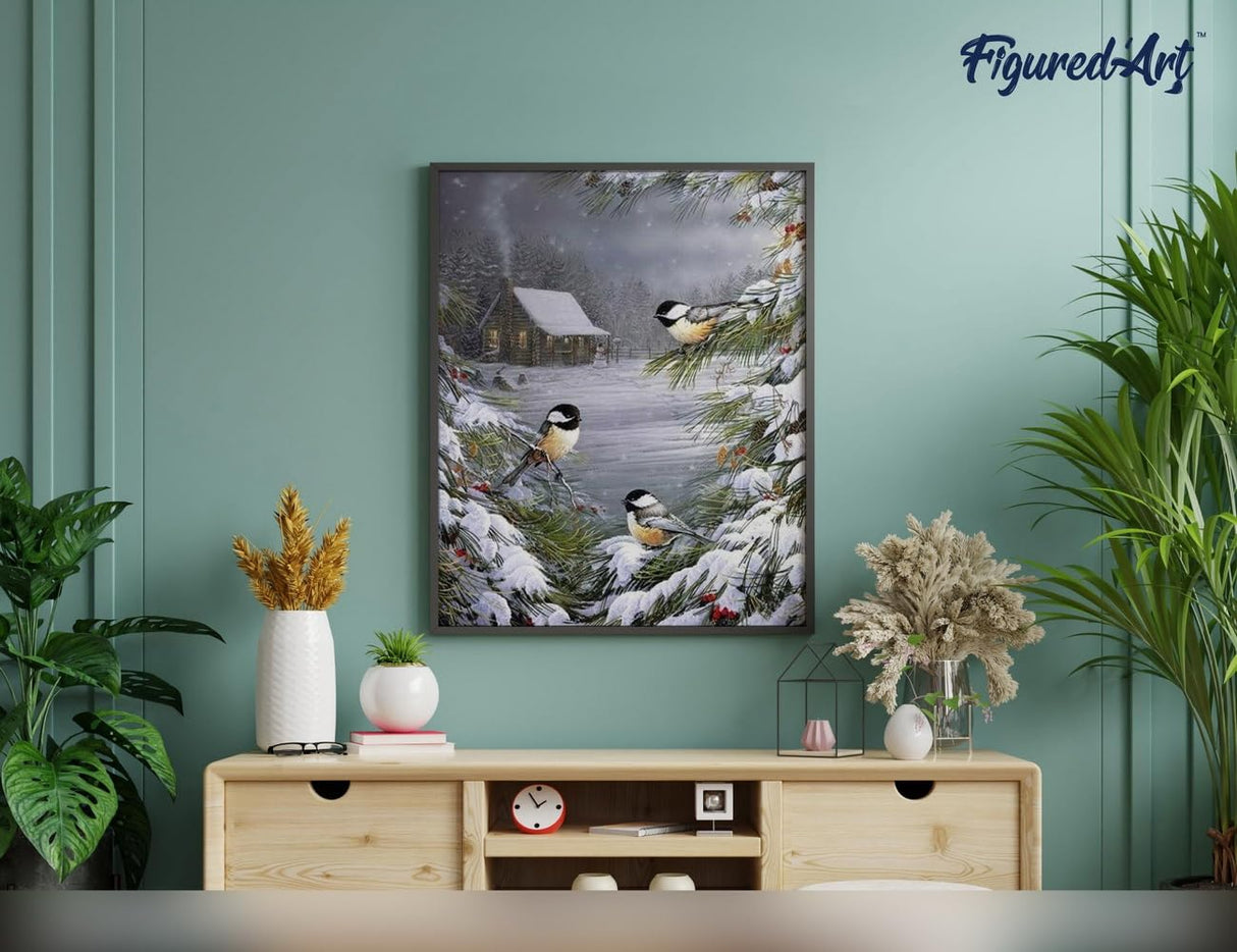 Figured'Art Paint by Numbers Kit for Adults Three Birds in The Snow 16"x20" - Craft Art Painting Rolled Canvas with DIY Wooden Frame Figured'Art