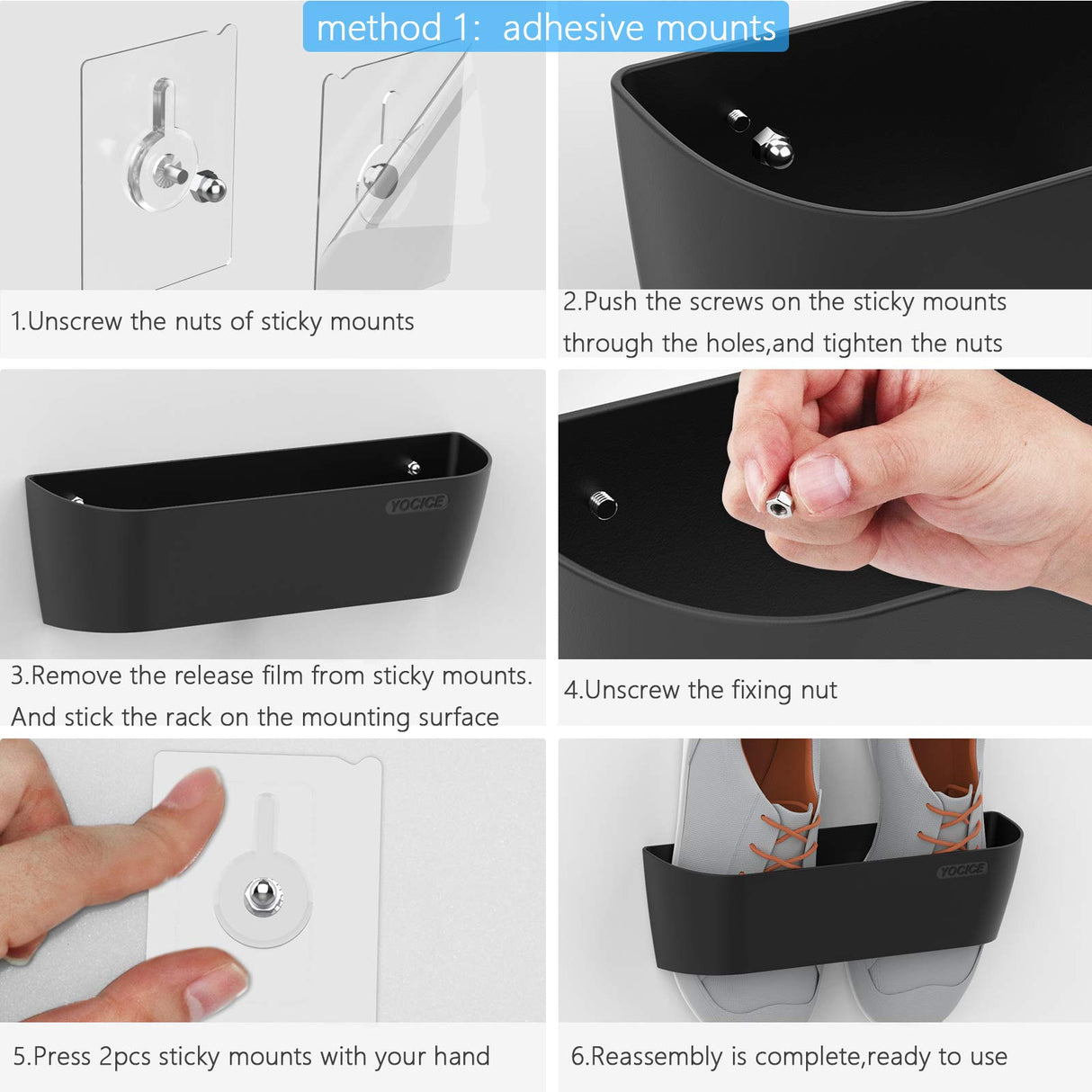 Yocice Wall Mounted Shoes Rack 6Pack with Sticky Hanging Strips, Plastic Shoes Holder Storage Organizer,Door Shoe Hangers (SM03-Black-6) Yocice