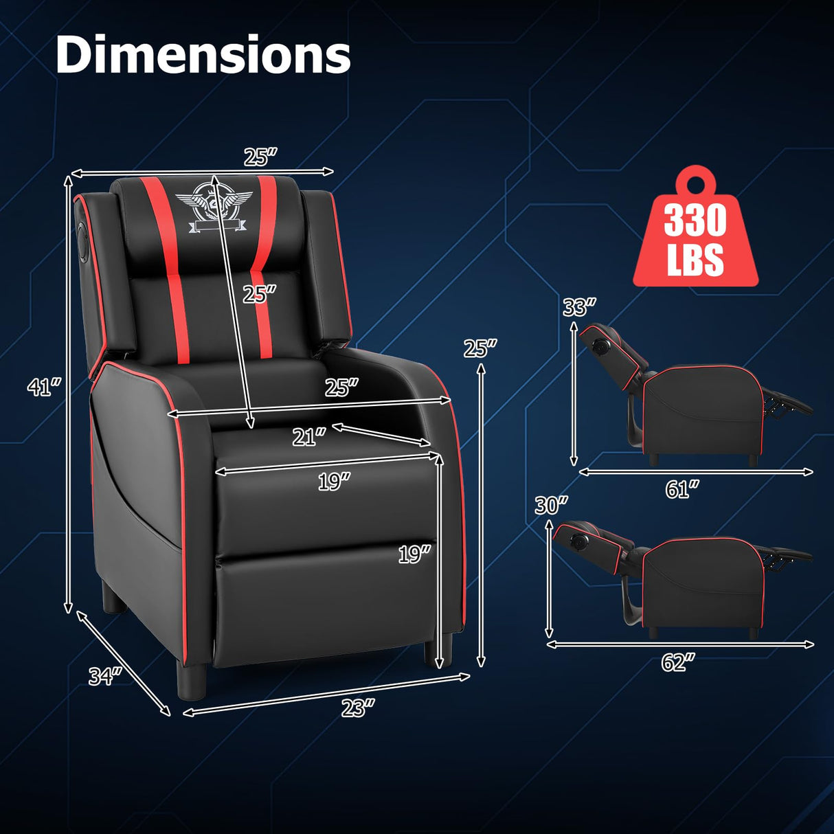 Giantex Gaming Massage Recliner Chair - Racing Style Gaming Sofa Chair with Reclining Backrest, Massage Lumbar Pillow, Retractable Footrest, Home Theater Seating with Bluetooth Speaker (Red) Giantex