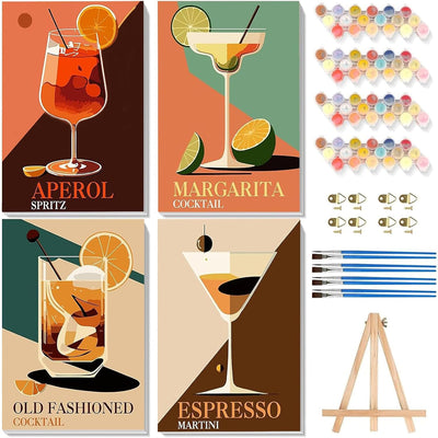 4 Pack Paint by Numbers Kit for Adults - Wooden Easel, Cocktail Paint by Numbers with Frame, Retro Adult Painting by Number Kits on Canvas, Vintage Easy Oil Painting Arts Gift Wall Decor 8x12inch