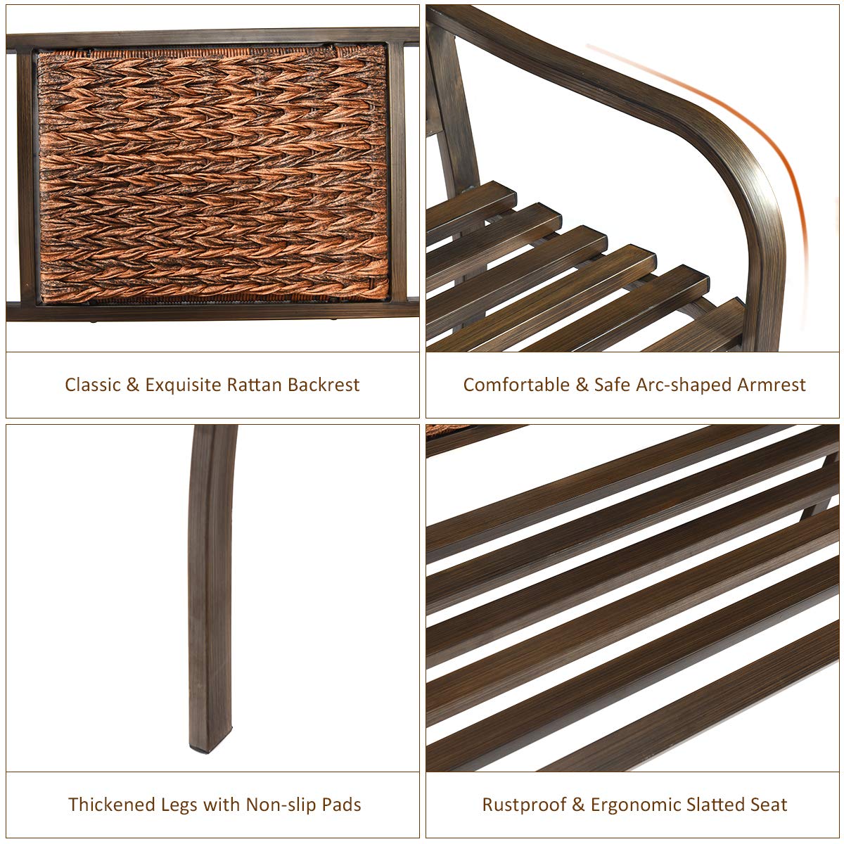 S AFSTAR Outdoor Garden Bench, Brown, Iron, Metal, Polyethylene, Rattan, 50.5 in Width, 2 Adults S AFSTAR