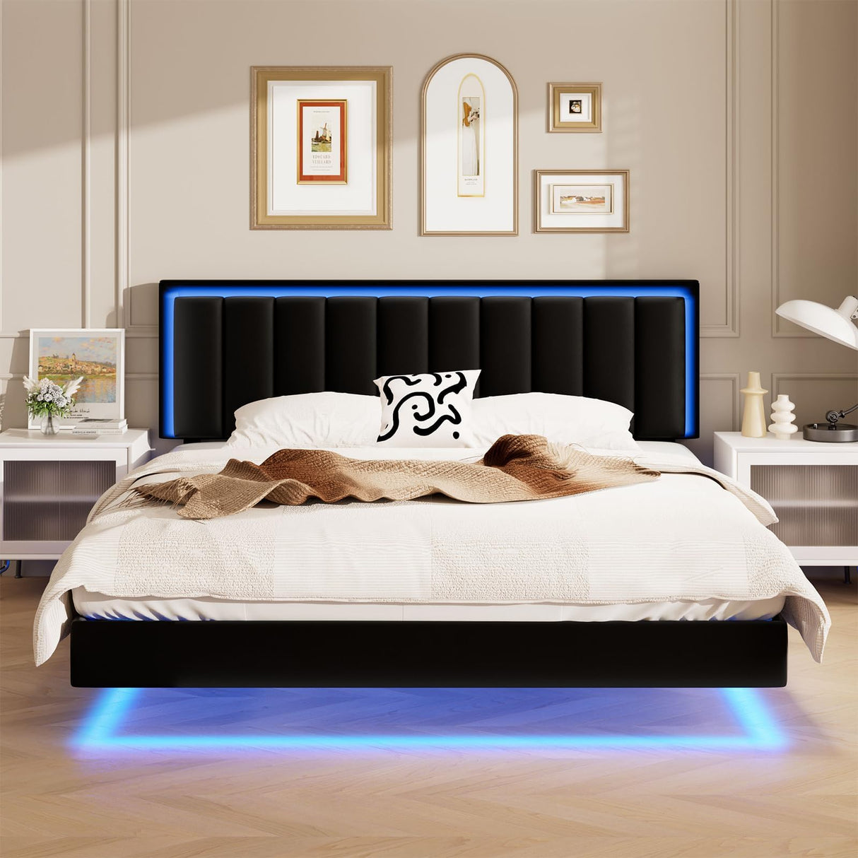 Immerstable King Floating Bed Frame with RGB LED Lights and Upholstered Headboard IMMERSTABLE