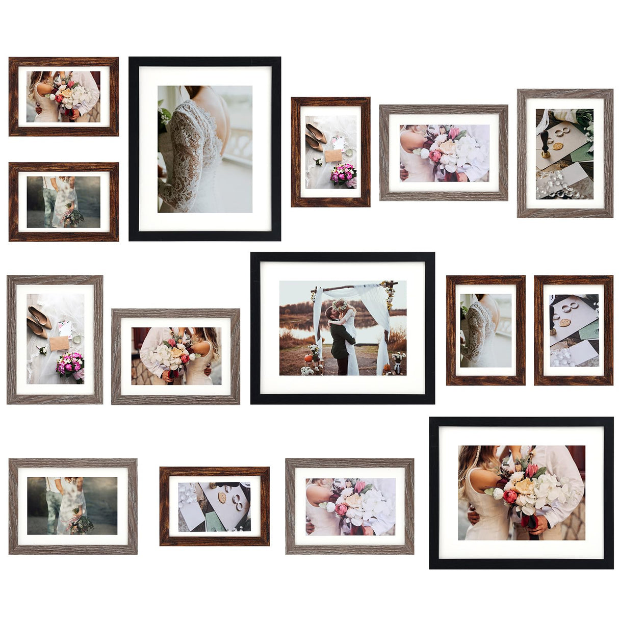 Fixwal Picture Frames Set, 15 Pack Wall Frame Set in 3 Different Finishes with Mat for Multiple Sizes Photos, Three 8x10, Six 5x7, Six 4x6 for Wall Gallery Decor, Hanging or Tabletop Display Fixwal