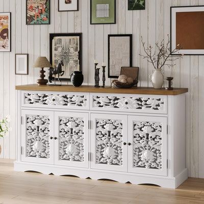 JOIKUJIA Wide Accent Cabinet with 4 Carved Doors & 2 Drawers, Vintage Hollow Carving Sideboard with Brown Tabletop, Farmhouse Buffet Cabinet, White and Brown 63”W x 15.7”D x 31.9”H