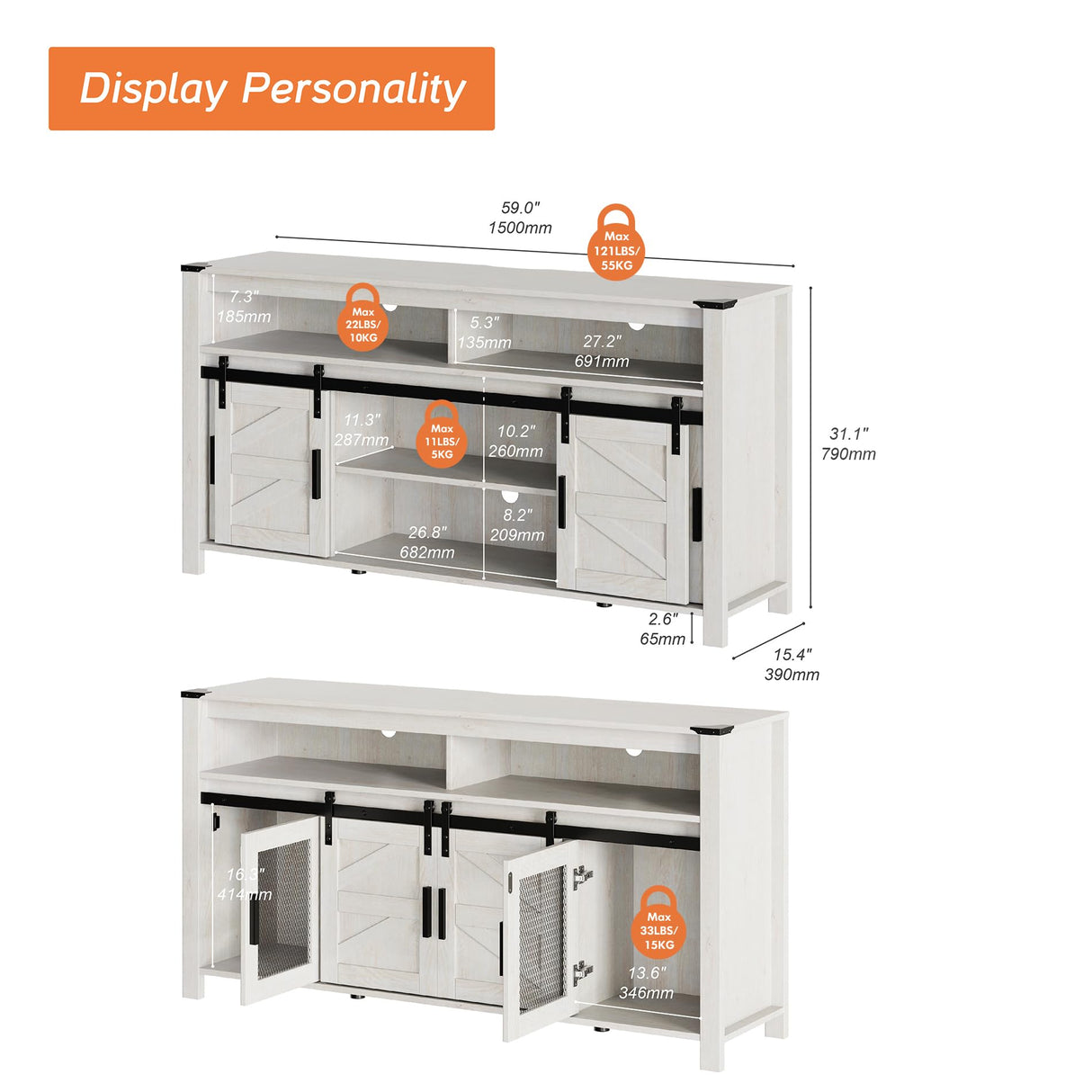 WAMPAT Farmhouse TV Stand for 65 Inch TV, Antique White Wood Entertainment Center with Sliding Barn Doors and Mesh Doors, Tall Media Console with Open Storage Space for Living Room, 59x15.4x31 WAMPAT