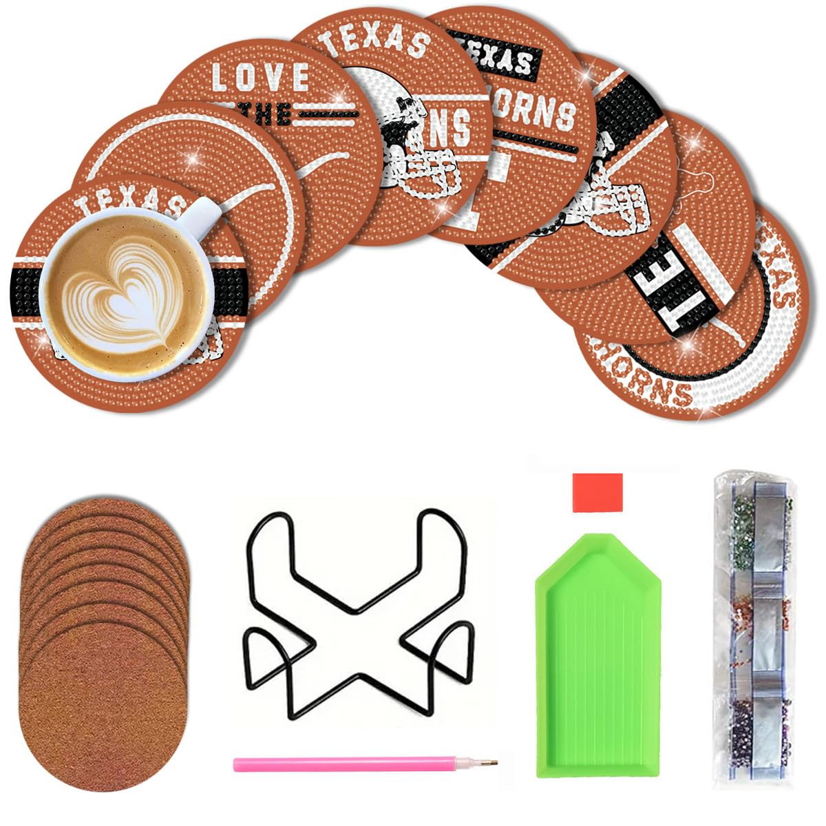 8 Pcs Diamond Painting Coasters, DIY Football Diamond Art Coasters Diamond Painting Kits for Beginners, Diamond Art Gift Craft Supplies (Texas Orange) WoodArtSupply