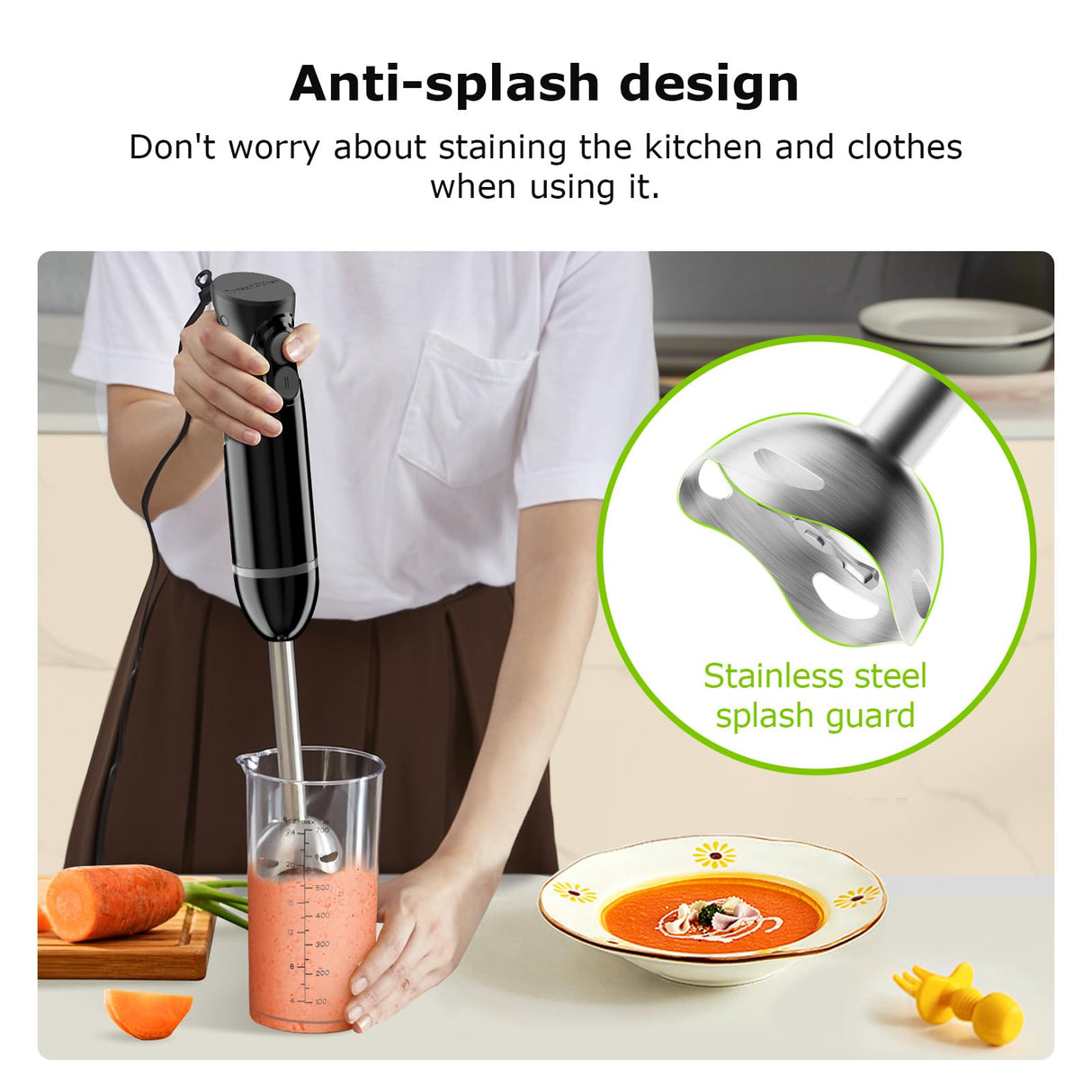 Bonsenkitchen Hand Blender, Immersion Blender with 2 Mixing Speed, Electric Handheld Blender Portable Stick Mixer with Stainless Steel Blades for Soup, Smoothie, Puree, Baby Food Bonsenkitchen