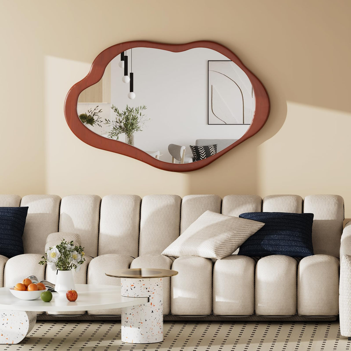 osemy 42"x 28" Irregular Wall Mirror, Walnut Wood Framed Wall Mirror, Asymmetrical Wall Wavy Mirror for Living Room Bedroom Entryway Bathroom Modern Decorative Cloud Mirror Hanging Hooks osemy