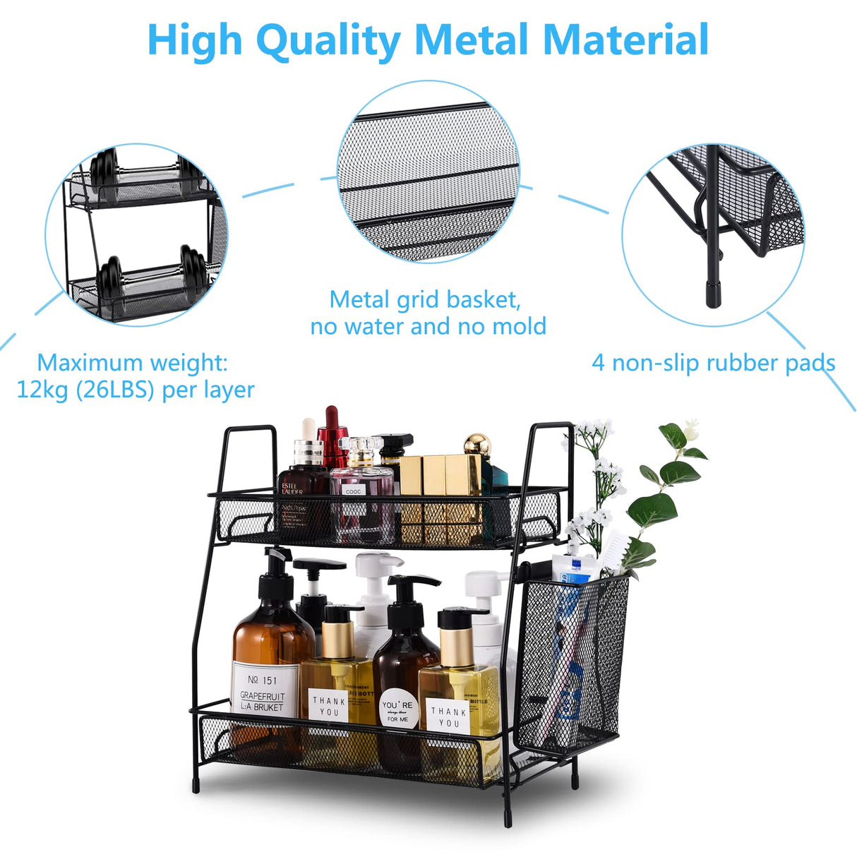 LEMIKKLE Countertop Organizer for Bathroom Counter, The Organizer for Bedroom, Spice Rack Organizer for Kitchen Counter Shelf with Small Basket(Black) LEMIKKLE