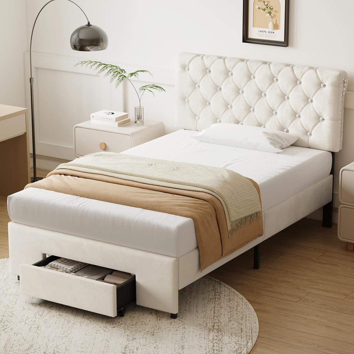 Belffin Twin Size Bed Frame with 1 Storage Drawer, Upholstered Bed Frame with Adjustable Diamond Headboard, Velvet Modern Platform Bed Frame, No Box Spring Needed, Easy to Assemble, Beige Belffin