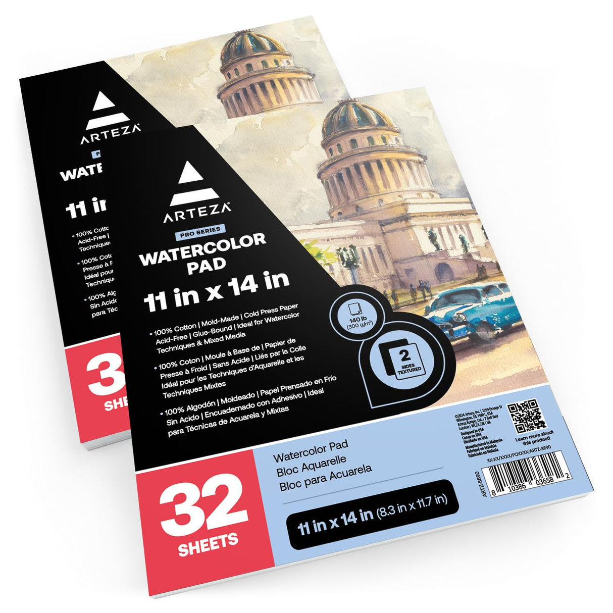 ARTEZA Watercolor Paper, Pack of 2, 32 Sheets Each, 11x14 Inches Watercolor Sketchbook, 140lb/300gsm, Cold Press, Acid Free Art Paper ARTEZA