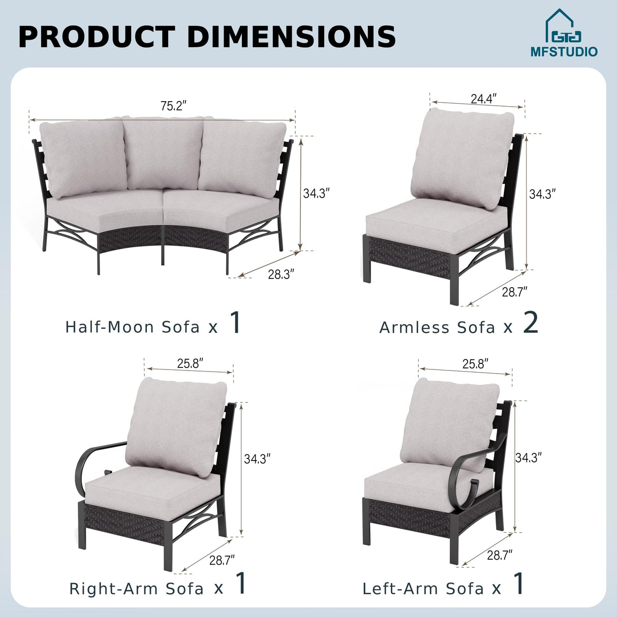 MFSTUDIO Patio Furniture Set, 6 Seats Half-Moon Curved Outdoor Sectional Sofa Conversation Set, Woven Rattan Patio Couch for Backyard, Garden, Deck MFSTUDIO