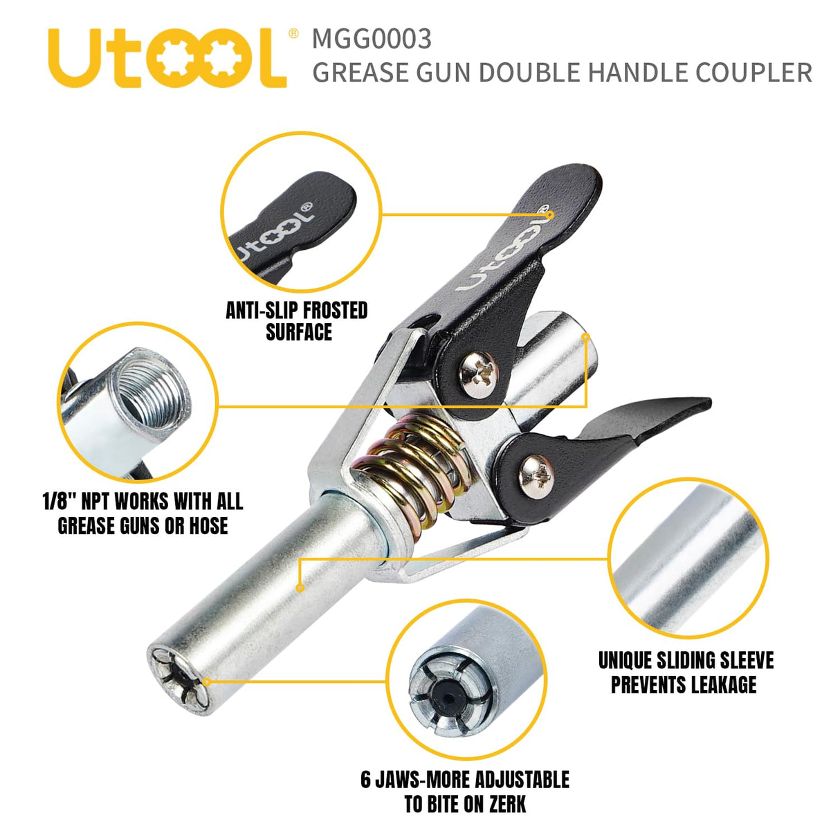 UTOOL Grease Gun Accessory Kit, Double Handle Coupler with Zerk Fitting Cleaner, 1/8 NPT Threads, Easy to Lock Zerk Fittings and Quick Release, Max Working Pressure 10000 PSI, 1 PC UTOOL