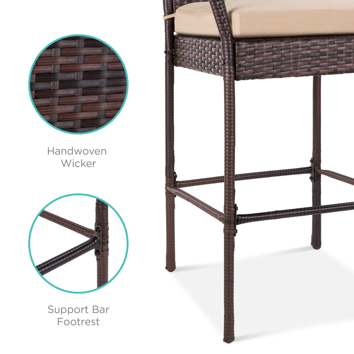 Best Choice Products Set of 2 Wicker Bar Stools, Indoor Outdoor Bar Height Chairs w/Cushion, Footrests, Armrests for Backyard, Patio, Pool, Garden, Deck - Brown Best Choice Products
