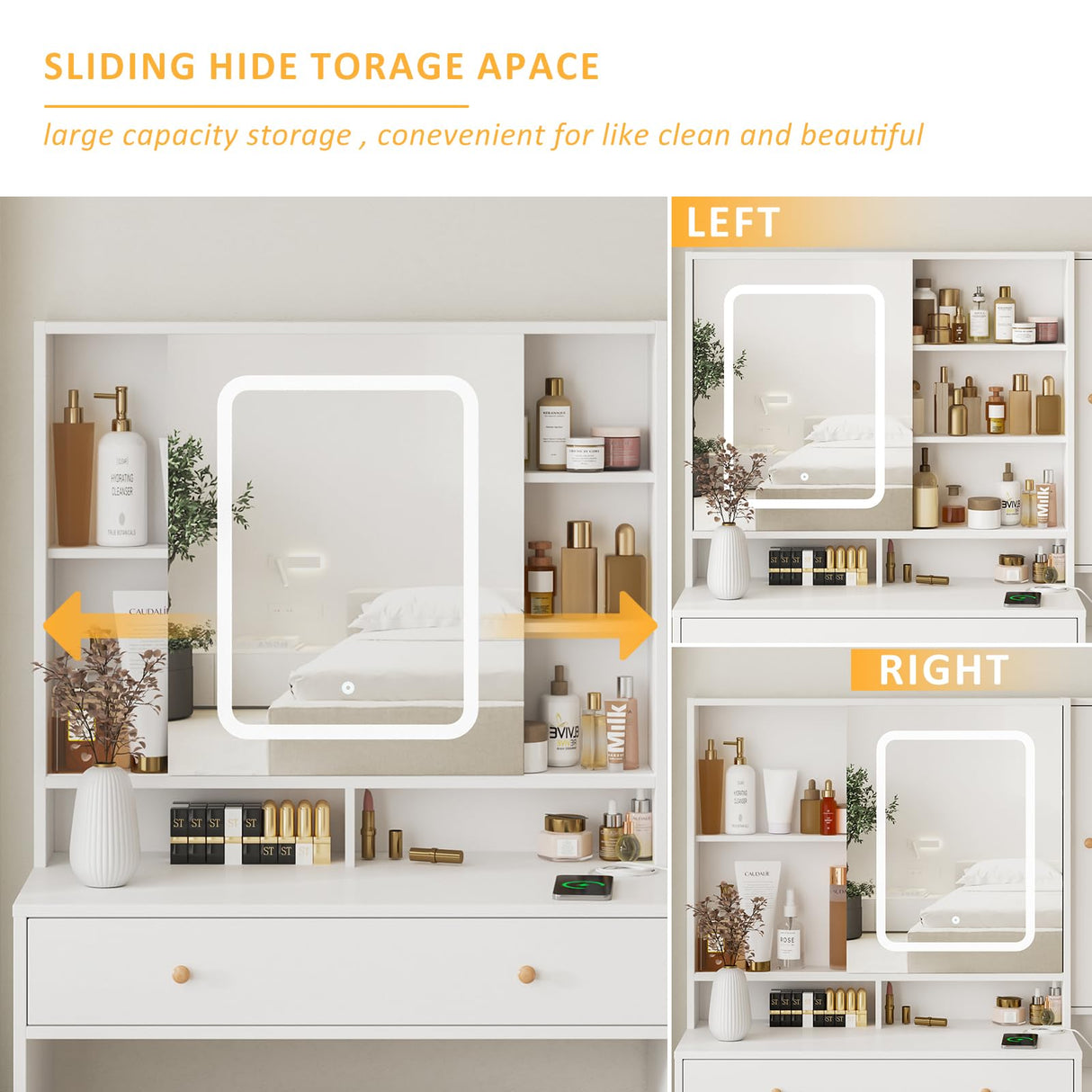 Vanity Desk with Mirror, Lights and Charging Station, 3-Drawer Glass Top Vanity Table with Jewelry Cabinet, 42.8 inch Halitaa