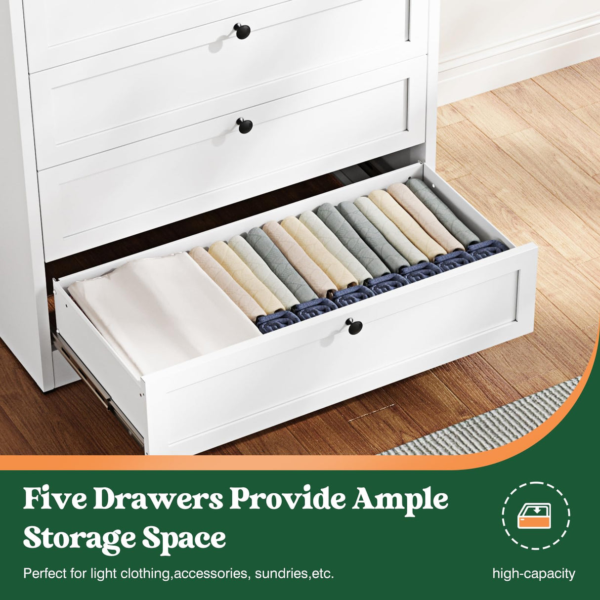 Letaya 5 Drawer Dresser for Bedroom, Metal Chest of Drawers Tall White Closet Organizers and Storage Clothes, Accent Storage Cabinet for Living Room, Entryway, Hallway, White Letaya