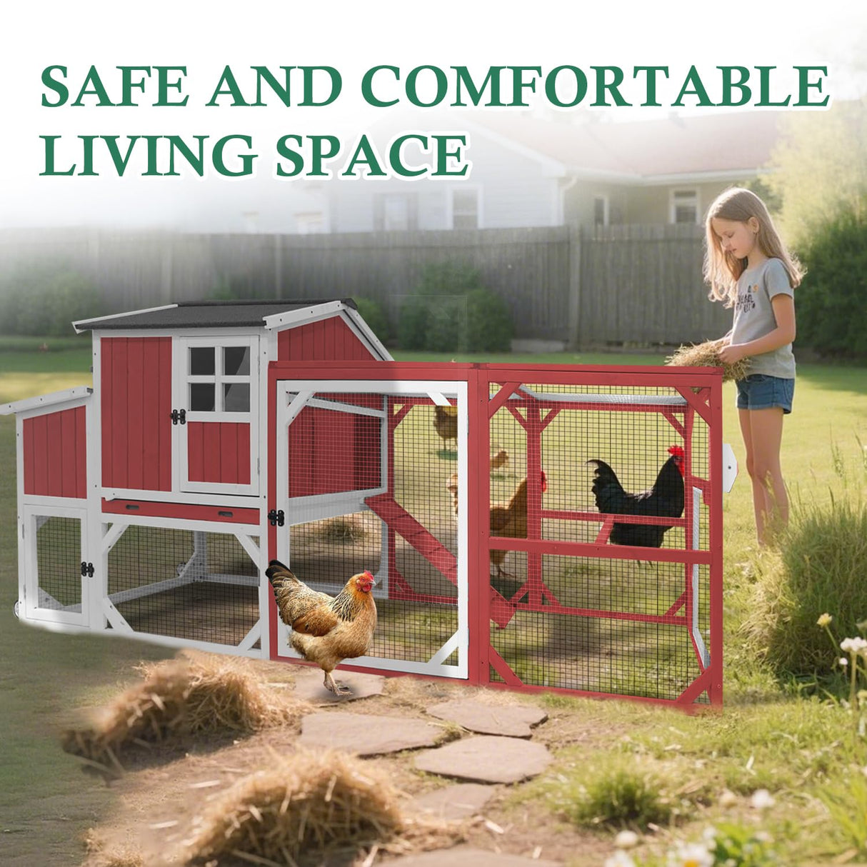 Magazoopet 95.3" Large Chicken Coop with Run, Tractor Hen Chicken House with 3 Nesting Boxes, Portable Duck Rabbit Quail Hutch Poultry Cage for 4-6 Chickens with 6 Access,Pull-Out Tra (Red) Magazoopet