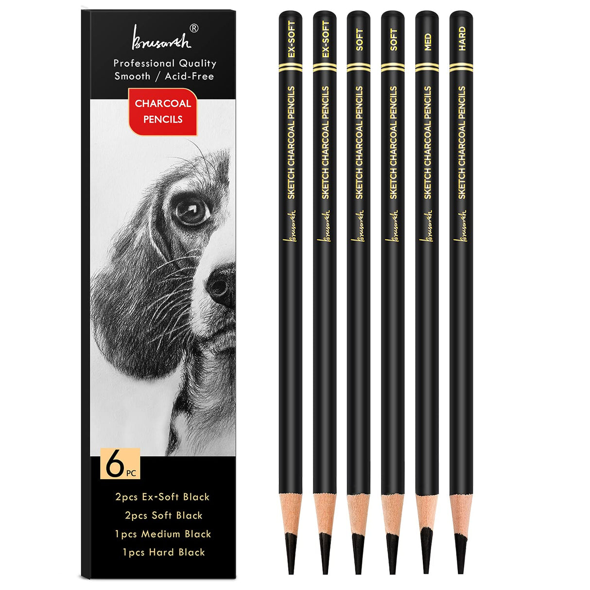 Brusarth Professional Charcoal Pencils Drawing Set - 6 Pieces Soft Medium and Hard Charcoal Pencils for Drawing, Sketching, Shading Brusarth
