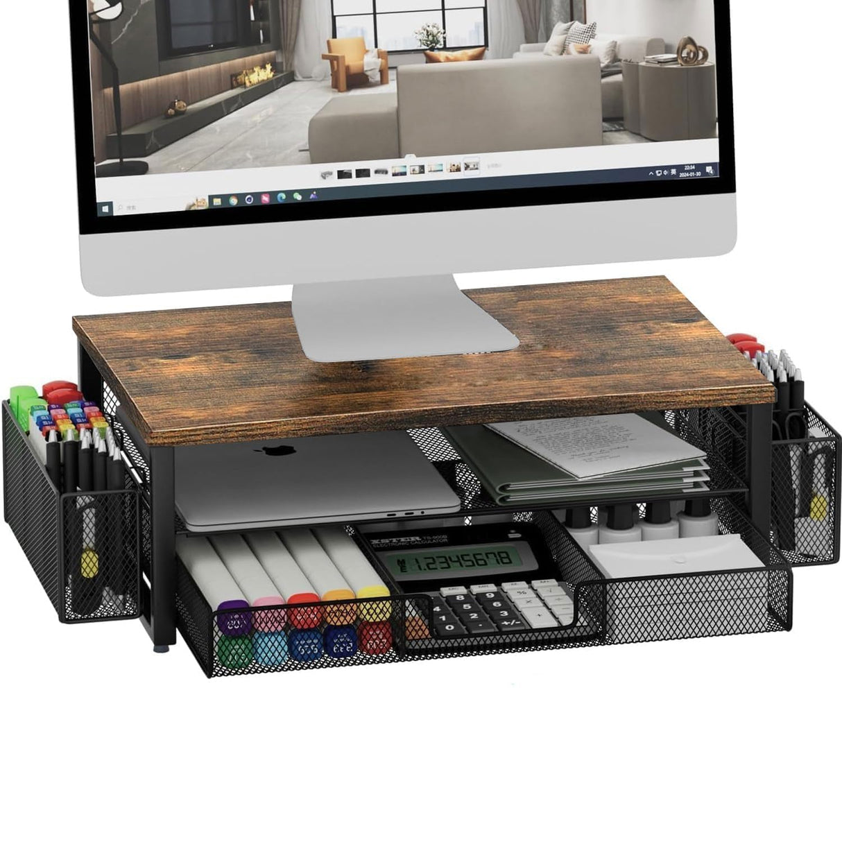 gianotter Monitor Stand Riser, Desk Organizer with Drawer and Pen Holder, 2-Tier Computer Stand, Office Desk Accessories, Office Organization(Wood) gianotter