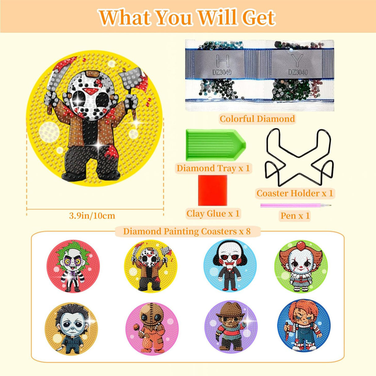 8 PCS Halloween Diamond Art Coasters Kit-Horror Diamond Painting Coasters Kits with Holder for Beginners,Crafts Kits for DIY Coaster for Adults as Gift Home Decors Arttoplus