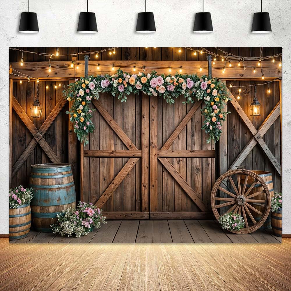 7x5ft Country Wedding Photography Backdrop Rustic Barn Door Photography Backdrop Farmhouse Pink Flower Cabin Wooden Birthday Baby Shower Wedding Bridal Party Banner Photo Booth Props Background Mtsxfy