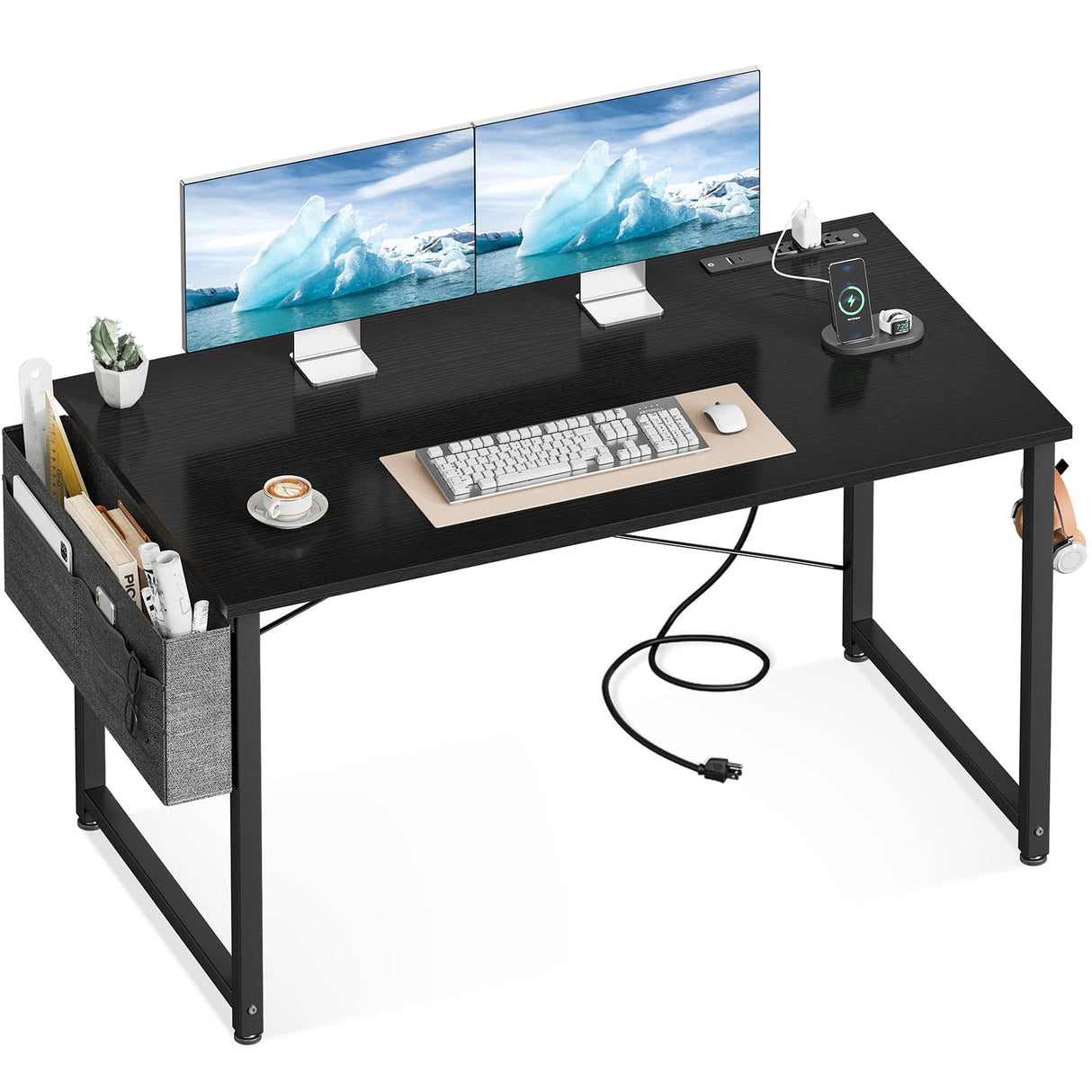 ODK Computer Desk - 48 Inch Office Writing Desk for Home, Student Study Desk with Storage Bag, Headphone Hook & Power Outlets, Modern Simple Table for Bedroom, Black ODK