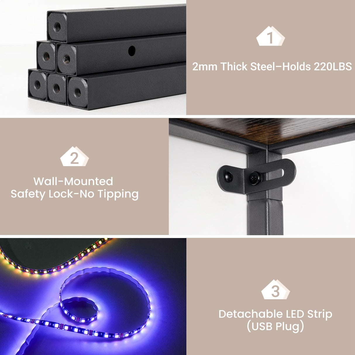 Realgulf 70 Inch Corner Shelf with LED Lights, 5-Tier Corner Bookshelf for Small Spaces, Wood & Metal Storage Rack for Bedroom, Living Room, Office - Modern Space Saving Design- Brown Realgulf