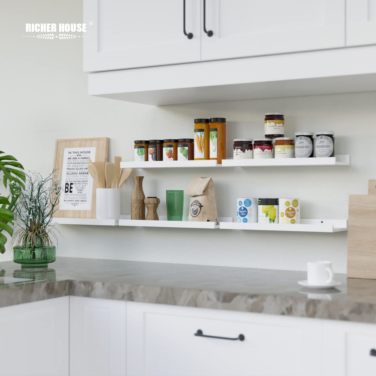 RICHER HOUSE 5 Set White Floating Shelves, Wall Mounted Shelves for Wall Decor, Modern Picture Ledge Shelf with Lip for Wall Storage Nursery, Bedroom, Living Room, Bathroom - White RICHER HOUSE